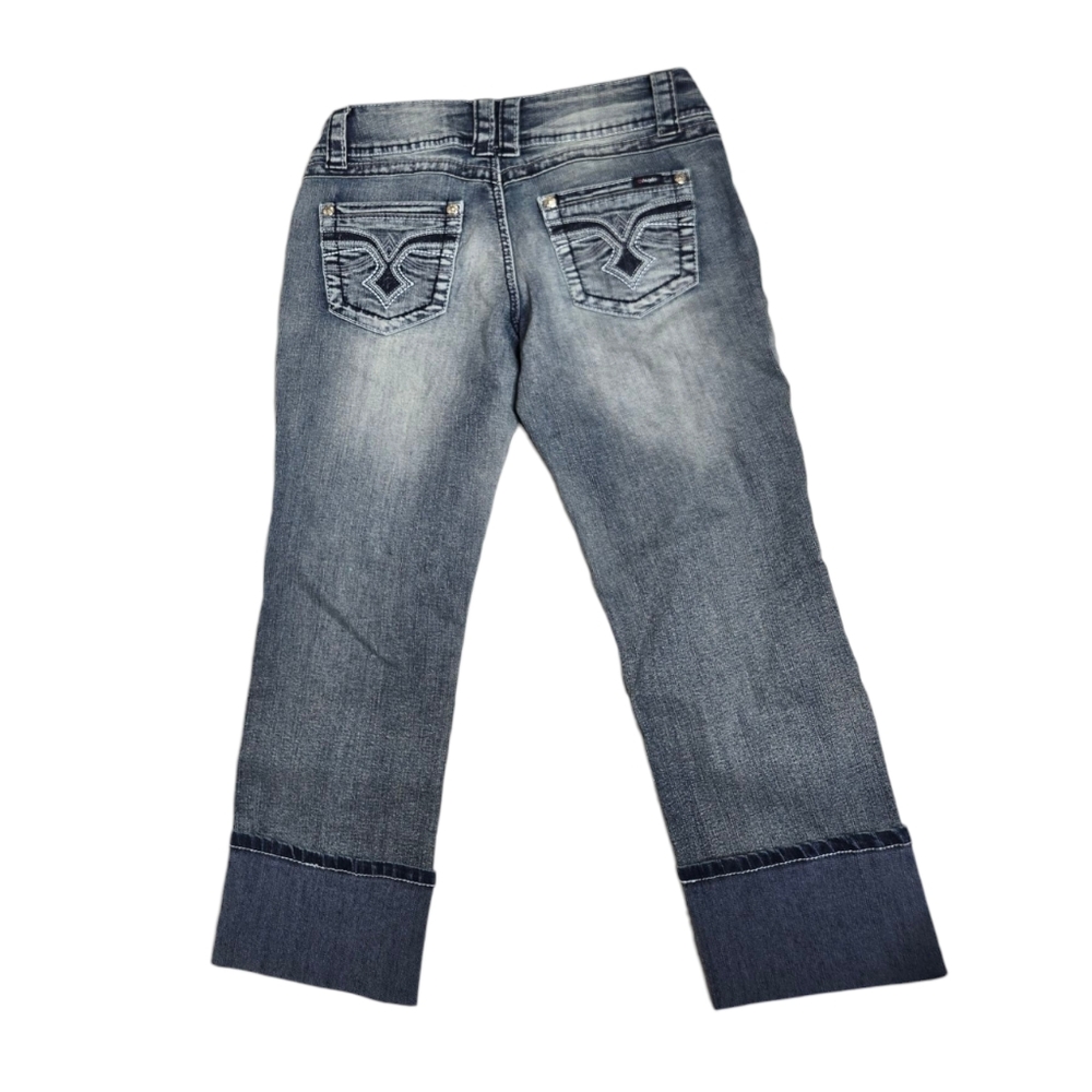 Y2K Angels low rise whiskered‎ cuffed crop capri embellished stretch jeans 9
